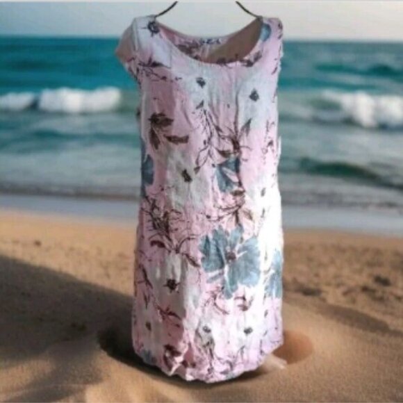 NWT PURO LINO 100% Linen Dress Made in Italy Floral Print Cap Sleeve Pockets M - Picture 3 of 17